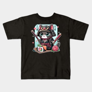 Women’s Cute Japanese Sushi Samurai Cat Kids T-Shirt